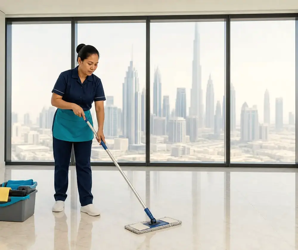 Cleaner mopping the floor of an empty Dubai apartment