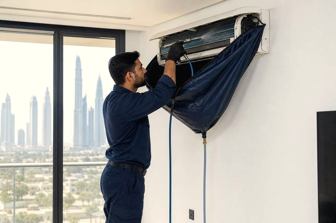 LazimFix technician cleaning a split AC unit in a Dubai apartment
