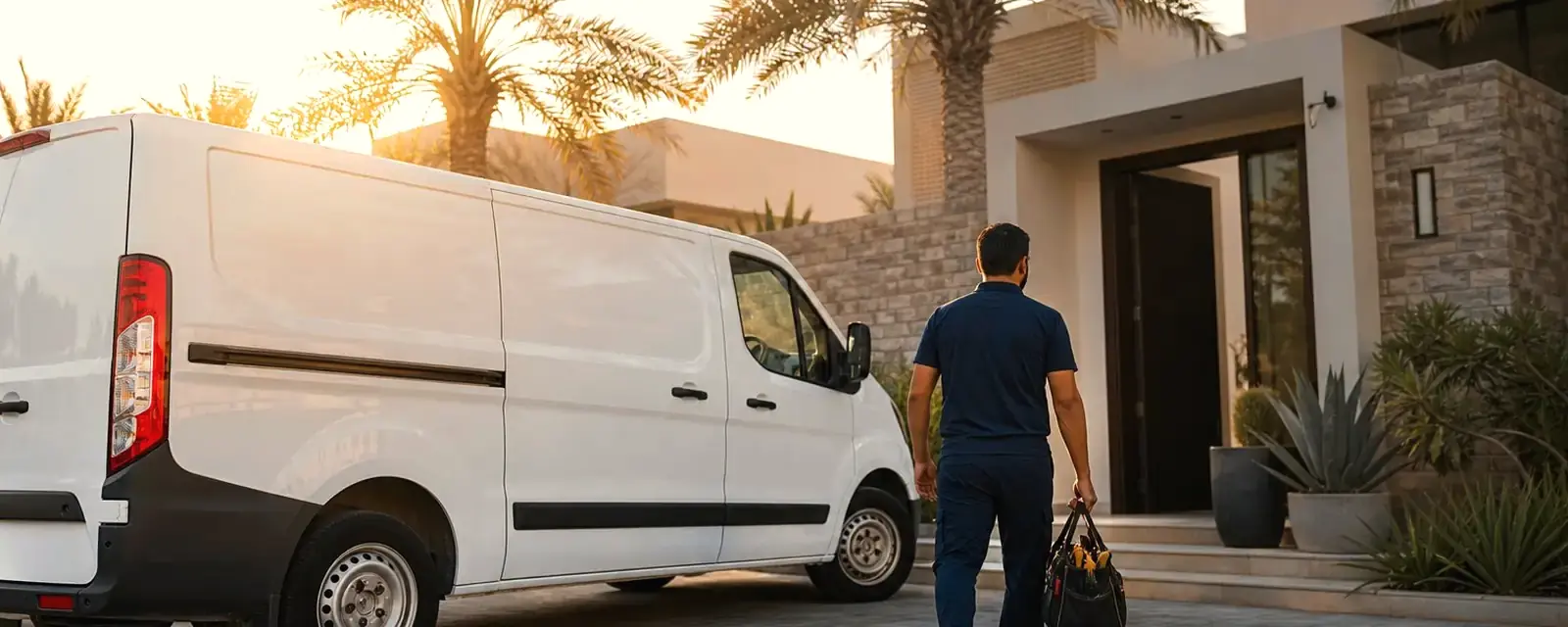 LazimFix van outside a Dubai villa at golden hour