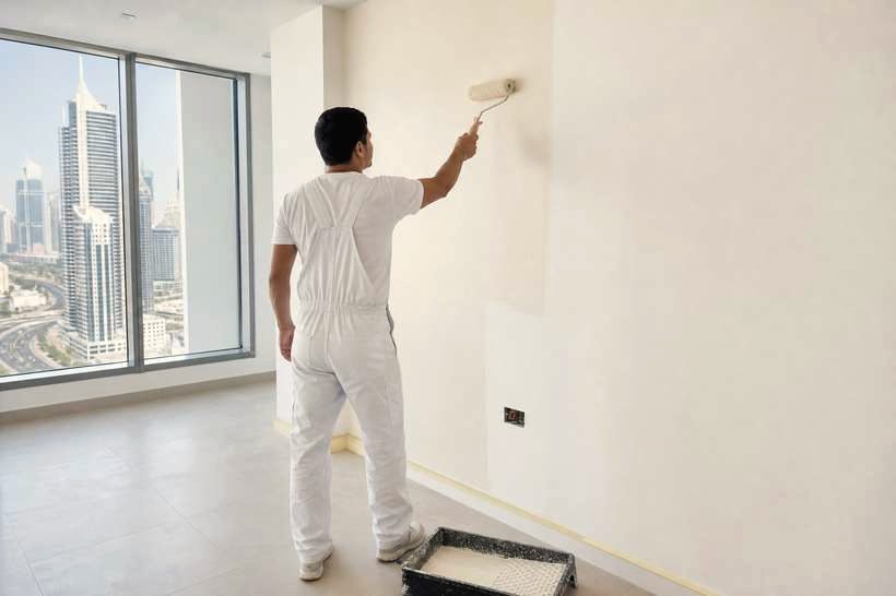 Painter rolling fresh paint on an apartment wall
