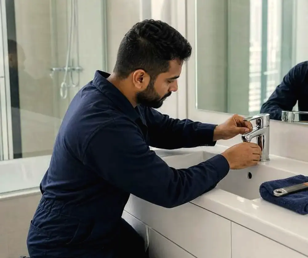 Plumber fitting a mixer tap on a bathroom vanity