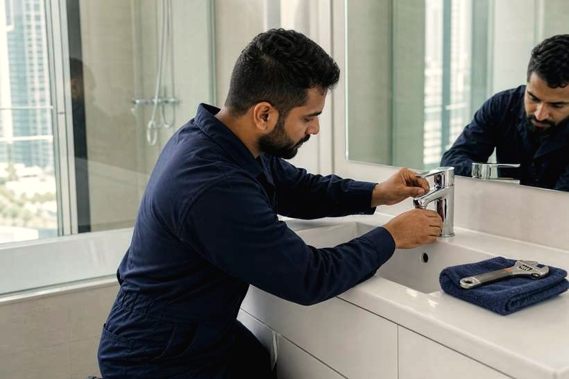 Plumber replacing a bathroom mixer tap