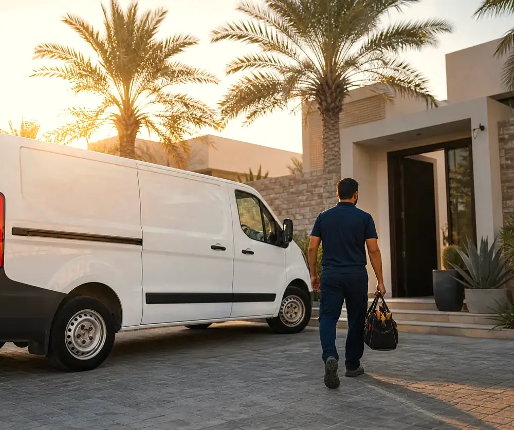 Service van at a Dubai villa with a technician walking to the door