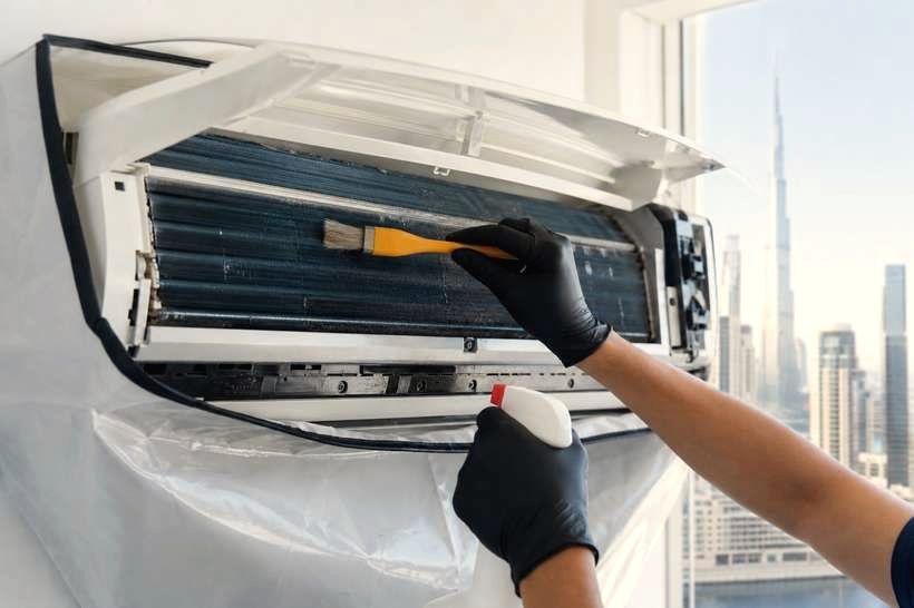 Technician deep cleaning a split AC evaporator coil