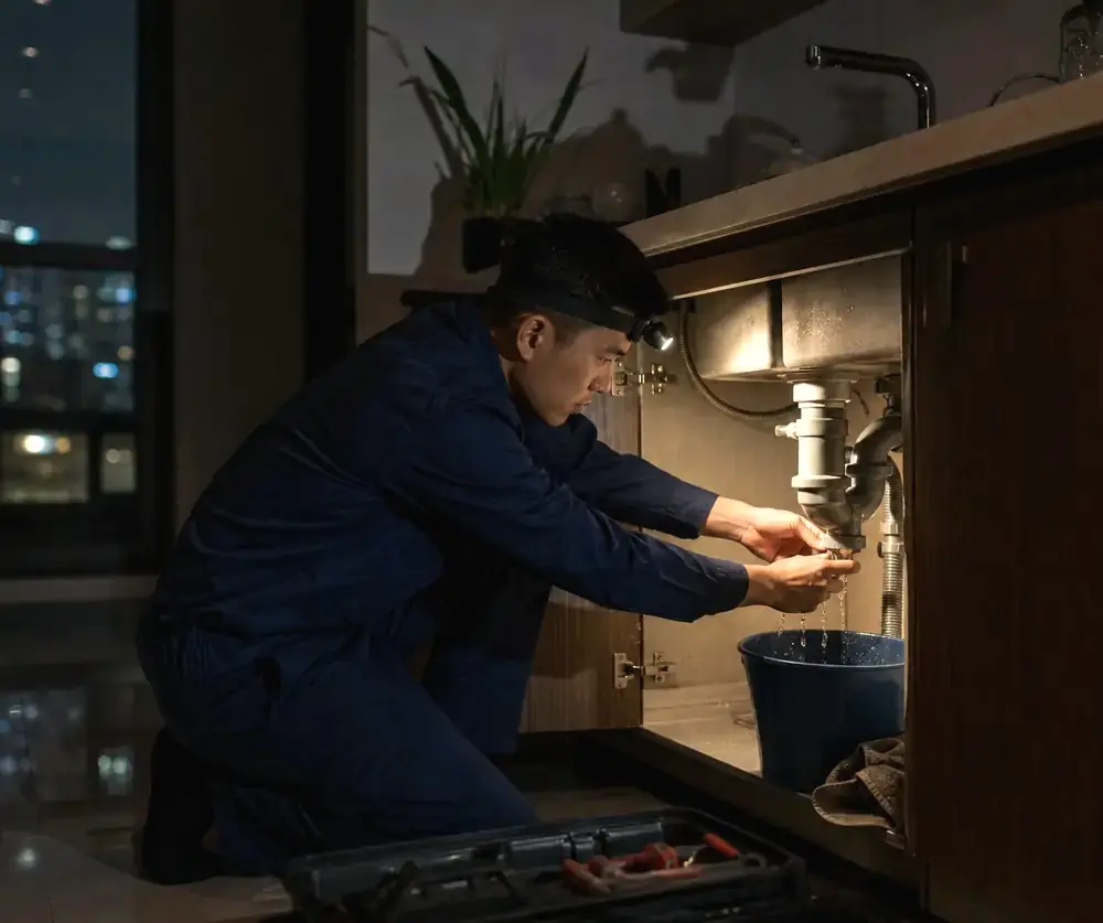 Technician repairing a leak under a kitchen sink at night