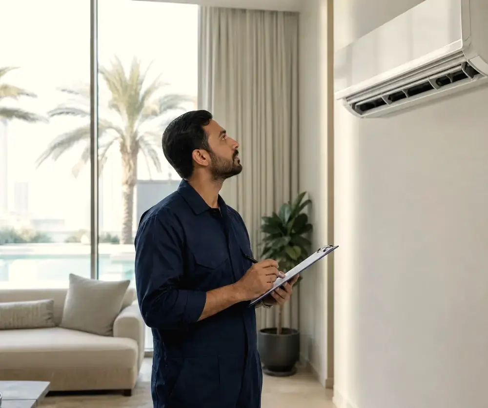 Technician with a clipboard checking a split AC in a villa