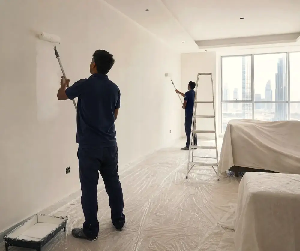 Two painters rolling fresh paint in an empty Dubai apartment